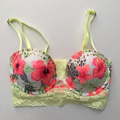 Bright Floral Lace Studded Bustier New Without Tag, Never Used! Green Push-up Bra For Summer, Green Summer Push-up Bra, Summer Green Push-up Bra, Spring Floral Print Multicolor Bra, Pink Bustier, Victoria's Secret Pink, Lingerie Set, Floral Lace, Secret Pink