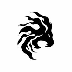 a black and white silhouette of a lion's head with flames on its face