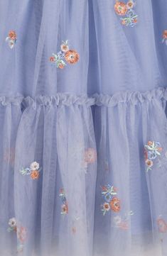 Frilly ruffles and embroidered flowers lend delightful detail to a darling dress that'll have your sweetie ready for the next get-together. Back keyhole with button-and-loop closure Lined 100% polyester Machine wash, line dry Imported Cute Tiered Skirt Dress For Spring, Blue Floral Embellished Summer Dresses, Summer Floral Embroidered Tiered Skirt Dress, Light Blue Floral Embroidered Dress For Summer, Summer Floral Embroidered Tiered Dress, Light Blue Summer Dresses With Floral Embroidery, Light Blue Floral Embroidery Dress For Summer, Summer Light Blue Dress With Floral Embroidery, Light Blue Floral Embroidered Summer Dresses