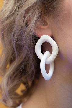 3D Printed Earrings made from ABS Plastic. Very light-weight and set with stainless steel posts. -- MATERIALS --  ABS Plastic Stainless Steel Posts -- 3D Printed + assembled in Savannah, Georgia -- 3d Printed Earring, Modern White Pierced Earrings, Modern White Pierced Hoop Earrings, 3d Print Earrings, 3d Print Jewelry, 3d Printed Earrings, Printed Earrings, 3d Jewelry, 3d Printed Jewelry