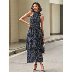 Season:Summer; Fabric:Chiffon; Sleeve Length:Sleeveless; Gender:Women's; Style:Elegant; Occasion:Party,Vacation,Date; Fit Type:Loose Fit; Dresses Type:A Line Dress; Pattern:Polka Dot; Design:Tiered; Neckline:Halter Neck; Brand:Ador; Front page:FF; Listing Date:04/10/2024; Bust:null; Length:null; Waist:null; Fit US Size:null; Fit UK Size:null; Fit EU Size:null; Dress Length Type:Maxi Dress; Print Type:Print Chiffon A Line Dress, Elegant Beach Wedding, Beach Wedding Guest, Elegant Floral Dress, Beach Wedding Guests, Halter Neck Maxi Dress, Paisley Tie, Dress Chiffon, Dot Design