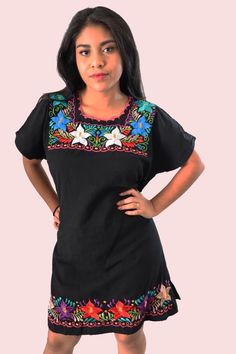 Womens Mexican Dress - Womens Embroidered Dress - Mexican Fiesta Dress - Size Medium - Size Large XL - Vestido Bordado - Vestido MexicanoThis is a beautiful handmade dress from Chiapas, Mexico. The embroidery pattern & colors will vary due to the handmade nature of the dress. If you have any questions or requests please send us a message.Size: MediumMeasurements (approximate):Length: 35 inchesBust: 36 - 40 inchesSize: Large / XLMeasurements (approximate):Length: 35 inchesBust: 42 - 46 inches Black Cotton Embroidered Short Sleeve Dress, Black Cotton Embroidered Dress With Short Sleeves, Traditional Mini Dress With Short Sleeves, Cotton Embroidered Short Sleeve Mini Dress, Embroidered Short Sleeve Mini Dress, Mexican Fiesta Dresses, Mexican Embroidered Dress, Fiesta Dress, Mexican Shirts