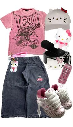 Softie Style Outfits, Hello Kitty Fashion Outfits, Hello Kitty Shirt Outfits, Baggy Cute Outfits, Softie Aesthetic Outfits, Hello Kitty Inspired Outfits, Outfits On People, Hello Kitty Outfit Ideas, Hello Kitty Fit