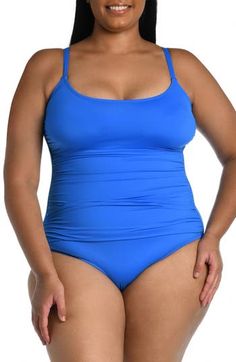 Ample shirring through the waist smoothes and flatters your figure in this minimalist one-piece designed with a sleek scooped neck and high-cut sides. Adjustable straps Lined 83% nylon, 17% elastane Hand wash, line dry Imported Simple Feminine Style, Full Figure Lingerie, Simple Lingerie, Lingerie One Piece, Plus Lingerie, Minimal Outfit, Capri Blue, Full Figured, Plus Size Lingerie