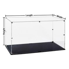 an empty glass display case with measurements for the length and width, on a white background