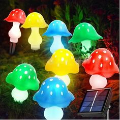 solar powered mushroom lights on the ground in front of grass and plants with red, yellow, green, blue, white mushrooms