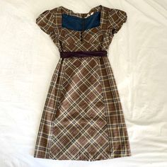 80s Casual Dress, Dresses Vintage Aesthetic, Plad Dress, Brown Vintage Dress, Plaid Dress Outfit, Brown Plaid Dress, Brown Plaid, Brown Dress, Plaid Dress