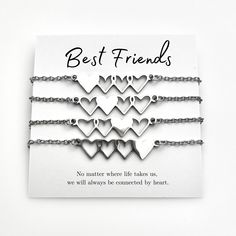 "Adorable friendship heart necklaces for 4 best friends, sisters, or mom and her daughters that will make a meaningful and unique gift! Share these necklaces and wear them to remind of you those you care about. These necklaces are high quality and beautifully finished. The charms and chains are hypoallergenic, sturdy, and tarnish-resistant (will not turn your neck green). This is sold as a set of 4 necklaces as pictured, but the default presentation is that all necklaces will be on 1 card. If yo 4 Person Friendship Necklace, 4 Friends Necklace, 4 Way Friendship Necklace, Best Friend Bracelets For 4, Friendship Rings For 4 Friends, Bff Jewelry For 4, Friendship Bracelets For 4 Friends, Friendship Necklaces For 4 Unique, Friendship Necklaces For 3 Friends