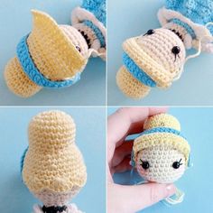 crocheted doll with blue hat and yellow dress