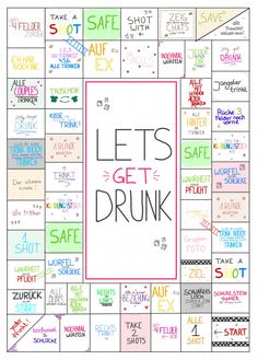 a game board with the words let's get drunk on it