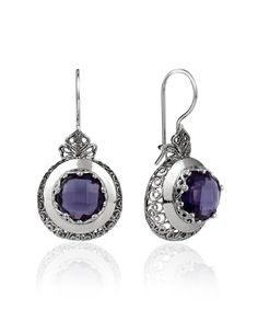 "Vintage looks filigree sterling silver Amethyst Drop Earrings are a timeless gift for the woman in your life. These stunning drop earrings feature intricate handcrafted filigree and sparkling lab created amethyst accented with filigree lace detailes. The earrings come packaged in an elegant jewelry box, ready for giving. Gentle and shimmering, these Amethyst Silver Filigree Earrings are made from .925 sterling silver. The filigree work is handcrafted to create a beautiful accent that complement Elegant Oval Earrings With Intricate Design, Evening Jewelry In Sterling Silver With Intricate Design, Elegant Purple Pierced Earrings, Elegant Amethyst Earrings For Formal Occasions, Traditional Purple Jewelry For Formal Occasions, Purple Earrings With Intricate Design As Gift, Purple Earrings With Intricate Design For Gift, Formal Purple Round Earrings, Ornate Gemstone Earrings For Formal Occasions