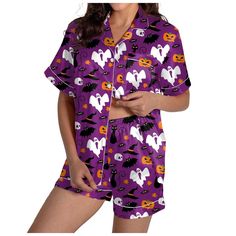 PRICES MAY VARY. ✅AND PLEASE NOTE TO CHECK THE SIZE CHART IN THE PRODUCT DESCRIPTION. (NOT AMAZON SIZE CHART!) 【Material】: Halloween Satin pajama set for women is made of Premium soft comfortable silk fabric.Ultra-soft, breathable, durableand and classic sleep set. 【Pajama Bottoms】:Two piece pajama shorts set for women with soft elastic waist that fits for any body size and makes relaxing as comfort as possible.This Halloween pjs for women Perfect for sleepwear,night wear or loungewear 【Pajama T Halloween Pajamas Women, Shorts Pjs, Ghost Graphic, Womens Loungewear Sets, Summer Pajama Set, Silk Pajamas Women, Satin Pajama Set, Womens Pjs, Halloween Pajamas