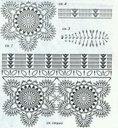 four rows of crocheted lace with different designs