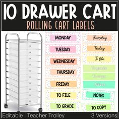 the 10 drawer cart is shown with labels on it