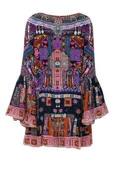 Make a splash in the Camilla tunic dress! With its bold black and multi color print, beaded trim, and versatile tunic style, this dress is perfect for a day at the beach. Stand out in Ibiza style, pairing with a bikini, slide sandals, and beach tote for a chic and playful look. Size L 100% Silk Unlined Pullover Wide v-neckline Beaded trim detail Bust 48" Waist 50" Shoulder to hem 36" Sleeve length 28" Multicolor Bohemian Mini Dress With Vibrant Print, Bohemian Multicolor Mini Dress With Vibrant Print, Multicolor Printed Boho Dress For Festival, Festival Multicolor Floral Print Mini Dress, Bohemian Black Dress With Colorful Pattern, Black Beach Dress With Colorful Pattern, Bohemian Multicolor Print Mini Dress For Beach, Multicolor Mixed Print Beach Dress, Bohemian Multicolor Mini Dress For Beach