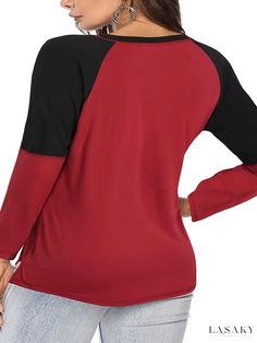 Lasaky - Womens Plus Size Medium Stretch V Neck Colorblock Long Sleeve T-shirt - A Stylish Casual Tee for the Fashion-Forward Casual Raglan Sleeve Tops With Contrast Color, Casual Tops With Stretch And Contrast Color, Casual Stretch Top With Contrast Color, Casual Tops With Contrast Color And Stretch, Black Stretch Color Block Tops, Red Graphic Print Raglan Sleeve Top, Red Raglan Sleeve Tops With Graphic Print, Casual Raglan Sleeve Tops With Patchwork, Red Long Sleeve Spliced Top