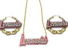 "Personalized Name Plate Custom Name Necklace and Earrings Set Nameplate Name Laser Cut, Made To Order - Choose Your Favorite Color For The Background Personalized Custom Necklace Name Plate Mirror Name Laser Cut Style - Your Name - it doesn't matter how many letters are in your name. You could also put a nickname or word. Choose the color background that you like (pink, red, gold, blue, purple, black, orange, yellow, midnight blue, green). It's a necklace and earrings matching set. You can also Cheap Personalized Red Necklaces, Gold Bamboo Earrings, Earrings Matching, Personalized Matches, Bamboo Earrings, Plate Necklace, Custom Name Necklace, Color Background, Doesn't Matter