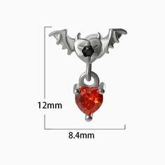 Make 'em swoon with this Bat Heart Drop Earring! Crafted in gold/silver stainless steel and bedazzled with a Red Heart Cubic Zirconia, this earring go great with any spooky-cute outfit or costume. Perfect for adding a bit of edge to any look! It'll set your heart a-flutter. Silver Gothic Earrings For Valentine's Day, Gothic Piercings For Halloween Gift, Heart-shaped Metal Jewelry For Halloween, Halloween Heart-shaped Metal Jewelry, Silver Stainless Steel Heart Earrings For Valentine's Day, Silver Stainless Steel Earrings For Valentine's Day, Valentine's Day Silver Heart Earrings In Stainless Steel, Gothic Surgical Steel Jewelry For Gifts, Gothic Surgical Steel Jewelry Gift