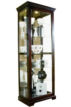 a display case with many different items in it's glass front doors and shelves