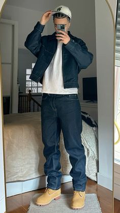 Streetwear Outfit Idea Timberlands with Denim Set Jeans Set Black Men Fashion Inspo Trends Combination Outfit Ideas Men, Man Styles Outfit, Black Boots Styling, Flannel Street Style Men, Denim Set Outfit Men, Cool Styles For Men, Men Timberland Outfits, Denim Fits Men, All Jeans Outfit Men