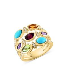 Bloomingdale's Fine Collection Turquoise, Amethyst, Citrine, Rhodolite, Peridot & Diamond Triple Row Ring in 14K Yellow Gold - Exclusive Multicolor Cabochon Gemstones Fine Jewelry, Fine Jewelry Multicolor Cabochon Gemstones, Multicolor Cabochon Gemstones For Fine Jewelry, Luxury Multi-stone Yellow Gold Gemstones, Yellow Gold Multi-stone Fusion Gemstones, Fusion Style Multi-stone Yellow Gold Gemstones, Heirloom Multi-stone Yellow Gold Gemstones, Designer Yellow Gold Cabochon Jewelry, Elegant Multi-stone Turquoise Gemstones