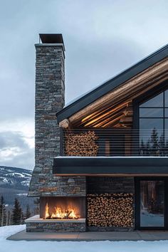 a house with a fire place in front of it and snow on the ground around it