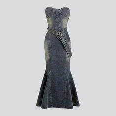 Introducing the 2023 Summer Collection's full-length mermaid strapless denim dress ââ‚?a vintage-inspired masterpiece that's sure to make a statement!Why You'll Love ItThis unique dress exudes a classic allure. with its vintage-inspired silhouette and sleek bare-shoulder design. Crafted from premium quality denim. its durable construction ensures you can flaunt it in vibe for years to come. A conventional fishtail cut and a distressed pattern bring out its true vintage charm. while its zipper... Denim Dresses Online, Y2k Chic, Strapless Denim Dress, Womens Denim Dress, African Fashion Modern, Unique Dress, Strapless Neckline, Vintage Denim Jacket, Street Style Trends