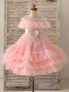 Tulle Knee-length Pink Dress (2003227601) As Picture / 11y Product Code: 227601 					Embellishment: Bow,Cascading Ruffles 									Fabric: Tulle 									Neckline: Scoop Neck 									Sleeve: Sleeveless 									Hemline/Train: Knee-length 									Back Style: Scoop 									Shown Color: Pink 									Age Group: Big Girl,Little Girl,Toddler Winter Flower Girl Dresses, Winter Flower Girl Dress, Girls Birthday Dresses, Winter Flower Girl, Dresses Holiday, Christmas Dresses, Ruffle Fabric, Cascading Ruffles, Birthday Girl Dress