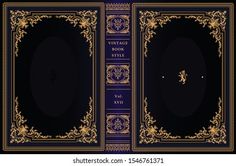 an old book cover with gold trimmings and ornate scrolls on black background,