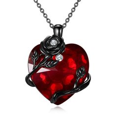 PRICES MAY VARY. 💖Design Inspiration: This gothic black rose necklace features a rose and heart design, accented with red and white zirconia to enhance its vintage and unique style. The black rose necklace makes a perfect gift for mothers, wives, daughters, and girlfriends 💖925 Sterling Silver Material: Black Rose Necklace for women is made of 925 sterling silver and red crystal, no nickel, no lead, no cadmium, without any allergenic elements. Gothic necklace sterling silver, not easy to fade, Gothic Heart Charm Jewelry For Parties, Gothic Party Jewelry With Heart Charm, Gothic Heart Necklace As Gift, Gothic Heart Pendant Necklace For Party, Gothic Heart Shaped Necklace As Gift, Black Gothic Necklace For Valentine's Day, Gothic Black Necklace For Valentine's Day, Gothic Heart Shaped Necklace For Gifts, Gothic Heart Pendant Necklace For Halloween