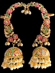 jhumka made using Jadau pearls with stones and 22ct gold plating Multicolor 22k Gold Temple Jewelry Earrings, Multicolor Temple Jewelry Jhumkas, Multicolor Kundan Jhumkas With Zari Work, Multicolor Meenakari Temple Jewelry Jhumkas, Multicolor Meenakari Jhumkas In Temple Jewelry Style, Multicolor Meenakari 22k Gold Earrings, Multicolor 22k Gold Meenakari Earrings, Multicolor Zari Work Temple Earrings, Bollywood Multicolor Zari Work Earrings