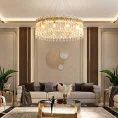 an elegant living room with chandelier and couches