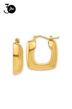 14k yellow gold polished square hoop earrings. Measure approximately 7/8"L x 1/4"W and have saddleback backings. Classic Rectangular Hoop Earrings For Anniversary, Gold Square Huggie Earrings, Square Yellow Gold Jewelry With Polished Finish, Rectangular Yellow Gold Hoop Earrings For Anniversary, Yellow Gold Rectangular Hoop Earrings For Anniversary, Yellow Gold Square Hoop Earrings For Everyday, Classic Square Yellow Gold Earrings, Yellow Gold Rectangular Hoop Earrings, Tarnish Resistant, Classic Rectangular Yellow Gold Huggie Earrings