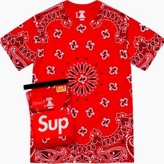 Supreme Hanes Bandana Tagless Tees (2 Pack) Red Classic Crewneck T-Shirt In Cotton With Printed Pattern And Logo Printed On The Lower Part Of The Front Bandanas Men, Red Bandana, Red Tshirt, Small Boxes, Fashion Tops, 2 Pack, Cotton Material, Trendy Fashion, Casual Button Down Shirt