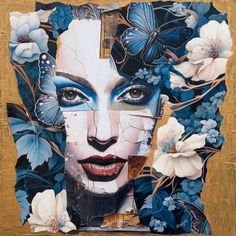 a woman with butterflies on her face surrounded by blue and white flowers, is featured in this collage