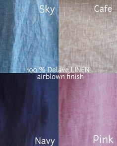 four different shades of linen with names on them, including pink, blue and white