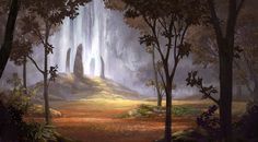 a painting of a waterfall in the middle of a forest