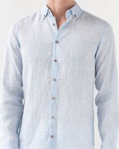 This classic button-down linen shirt is crafted from lightweight linen and will be a perfect choice for hot summer days. Pair it with a blazer or jacket - this shirt can easily go from casual to formal.• Lightweight linen (approx. 125 gsm)Please note that due to the many variations in monitors and browsers, actual colors may vary. Summer Formal Linen Shirt, Spring Flax Button-up Shirt, Fitted Blue Linen Shirt, Fitted Linen Shirt With Button Closure, Formal Blue Linen Shirt, Classic Flax Shirt For Spring, Formal Blue Linen Top, Blue Linen Tops For Business Casual, Spring Linen Button-up Shirt