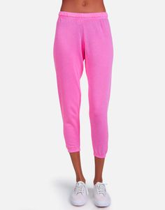 Women's Neon Pink Crop Jogger | Nate LE by Michael Lauren Sporty Pink Joggers With Elastic Cuffs, Spring Pink Joggers With Ribbed Cuffs, Pink Bottoms With Elastic Cuffs For Spring, Pink Bottoms For Spring, Pink Elastic Cuffs Lounge Pants, Pink Elastic Cuff Pants For Loungewear, Nate Core, Sweatpants And Sweatshirt, Pink Lightning Bolt