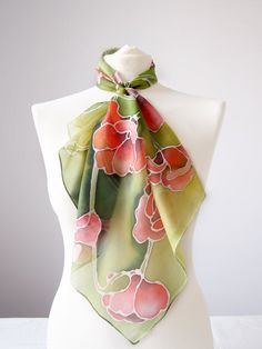 Poppy silk scarf is a striking hand painted square scarves made with natural silk. Featuring a beautiful group of poppies on a green background, this versatile scarf is both romantic and elegant. Size: -22 x 22 in ( 55 x 55 cm) IN THE PICTURES -34 by 34 in (88 by 88 cm) Silk: 100% natural Habotai Light (delicate, semi - transparent and a bit glossy) Delicate yet eye-catching, this beautiful silk scarves is perfect gift for every woman. Flowers are stylized in Art-Nouveau style. Great gift for Mo Green Floral Print Scarves As Gift, Green Floral Print Scarf For Gift, Green Scarf As Spring Gift, Green Scarf For Spring Gift, Green Scarves For Spring Gift, Artistic Green Silk Scarf With Floral Print, Handpainted Silk Scarves, Art Stories, Scarf Ideas