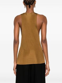 Saint Laurent Plunging V-neck Draped Tank Top - Farfetch Fitted Brown V-neck Tank Top, Brown Stretch Tank Top For Night Out, Stretch Brown Tank Top For Night Out, Sleeveless Brown Tops For Night Out, Brown Sleeveless Top For Night Out, Chic Brown Sleeveless Camisole, Chic Brown Summer Vest, Chic Brown Tank Vest, Chic Brown Cami Top