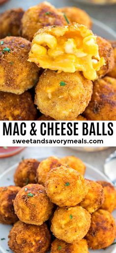 mac and cheese balls are stacked on top of each other with the words mac and cheese balls above them