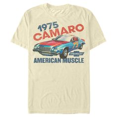 Now you can dress in style and show your love for your favorite car brand with this officially licensed General Motors 1975 Camaro American Muscle Men's Tee, featuring a shiny red and blue 1975 Camaro! If you love American-made cars, then you need to grab this cool new graphic tee for yourself today! 1975 Camaro, Vintage Camaro, Motorcycles Logo Design, Camaro Car, Muscle T Shirts, Car Brand, American Muscle, Slim Fit Shorts, White T