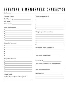 a printable character sheet for creating memorable characters in the play, which includes an image of