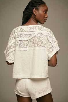 From holy-grail tees and perfectly fitted jeans to laidback dresses, PILCRO is on everyone’s most-wanted-wardrobe list. | Lace Torn T-Shirt by Pilcro in White, Women's, Size: Medium, Cotton at Anthropologie Reworked Clothes, Anthropologie Clothing, Fitted Jeans, Lace Tshirt, Lace Tee, Lingerie For Men, Cotton Pullover, Lace Shirt, Women Lace