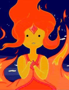 a woman sitting in front of a fire with her hands crossed and looking at the sky