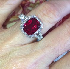 Deep Red Ruby Diamond Engagement Ring Cushion Cut Ruby Ring - Etsy Ruby Ring Art Deco, Red Engagement Ring, Ruby Diamond Engagement Ring, Ruby Wedding Rings, Long Cushion, Ruby Rings, Tanzanite Jewelry, Falls Church, Cushion Cut Ring