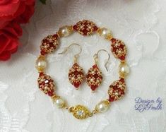 DIGITAL DOWNLOAD ONLY - does NOT include the actual jewelry or materials. This is a gorgeous set for the holidays or any time of year! I used 4mm Bicones along with 3mm and 8mm Pearls for the bracelet. The Woven barrel beads are set off by the Pearls with Filigree Open Petal Bead Caps & separated by Daisy Spacers. There is a beautiful Rhinestone Filigree Box clasp to finish off the bracelet that is held together with Jewelry Wire. The 1 1/2 inch long earrings match the woven barrels in the brace Festive Faceted Bead Bracelets, Beaded Bracelet Jewelry For Celebration, Faceted Round Beads Jewelry Sets For Gifts, Christmas Jewelry With Round Spacer Beads, Christmas Wedding Beaded Jewelry, Elegant Beaded Bracelets For Christmas, Elegant Christmas Jewelry With Faceted Beads, Elegant Holiday Beaded Bracelets With Round Beads, Elegant Holiday Beaded Bracelets