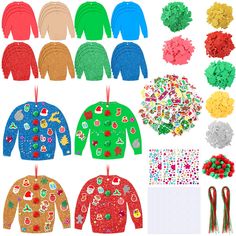 many different colored sweaters and other items on a white background with clippings