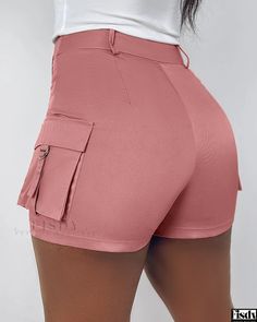 Fisdy - High-Waisted Cargo Shorts with Buckle Detail Style Casual Chic, Lantern Sleeve Dress, Chic Type, Pink M, Active Shorts, Bottom Clothes, Outfits Summer, Lantern Sleeves, Shorts Set